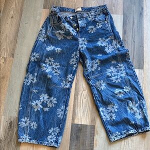 We The Free Laser Daisy Floral Good Luck Barrel Jeans Blue